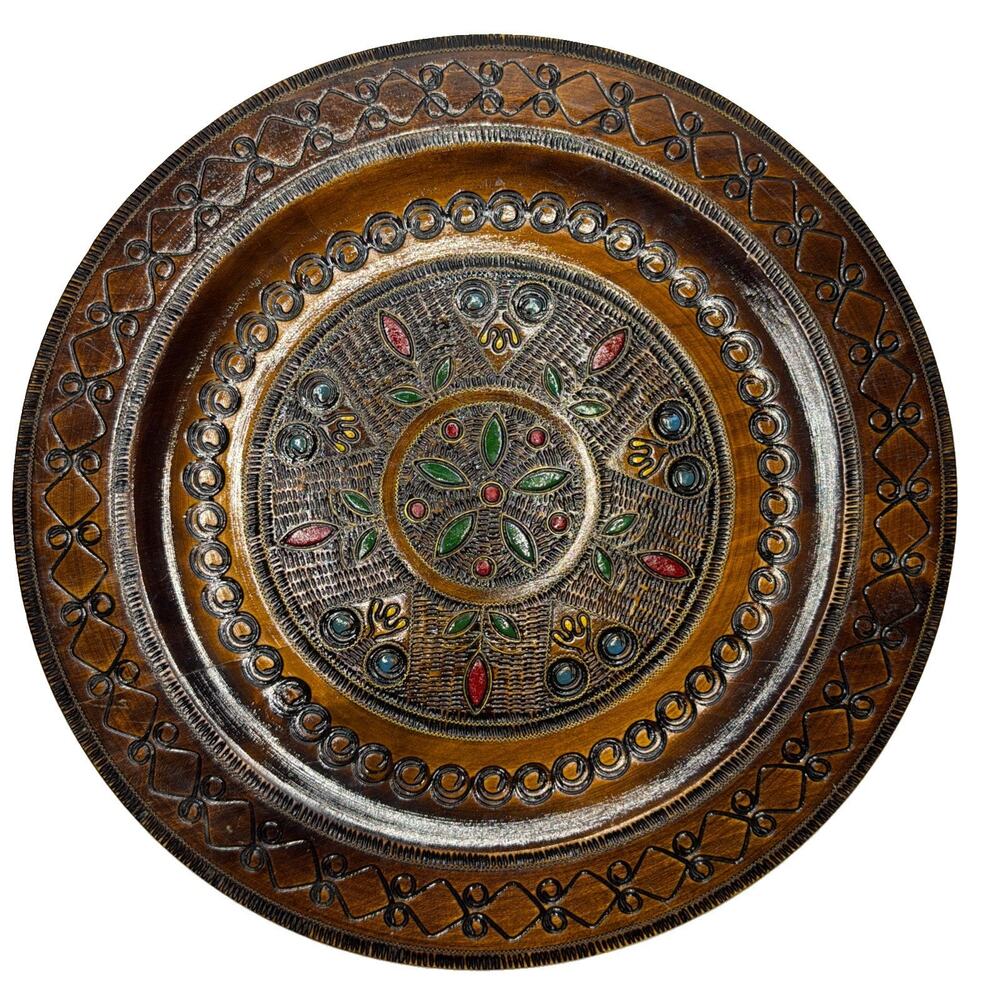 Polish Folk Art Hand Painted Wooden Plate Drzewiarz Krakow Floral Medallion MCM